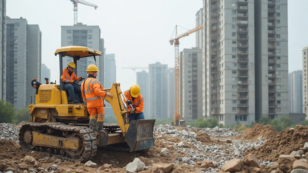 Профессиональное фото современного строящегося жилого комплекса с кранами и рабочими в городской среде