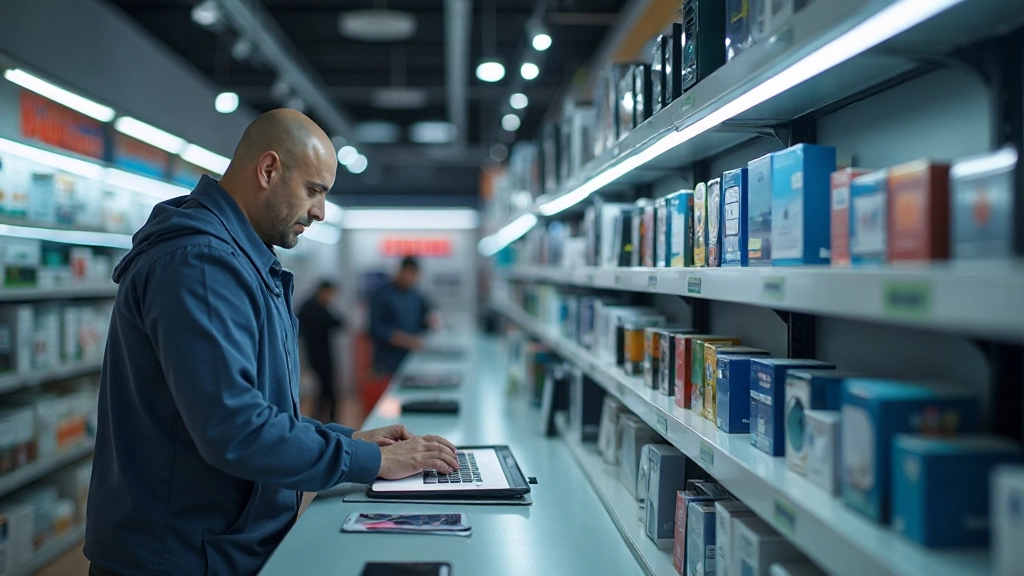 Профессиональное фото электроники и гаджетов в современном магазине, витрина с товарами