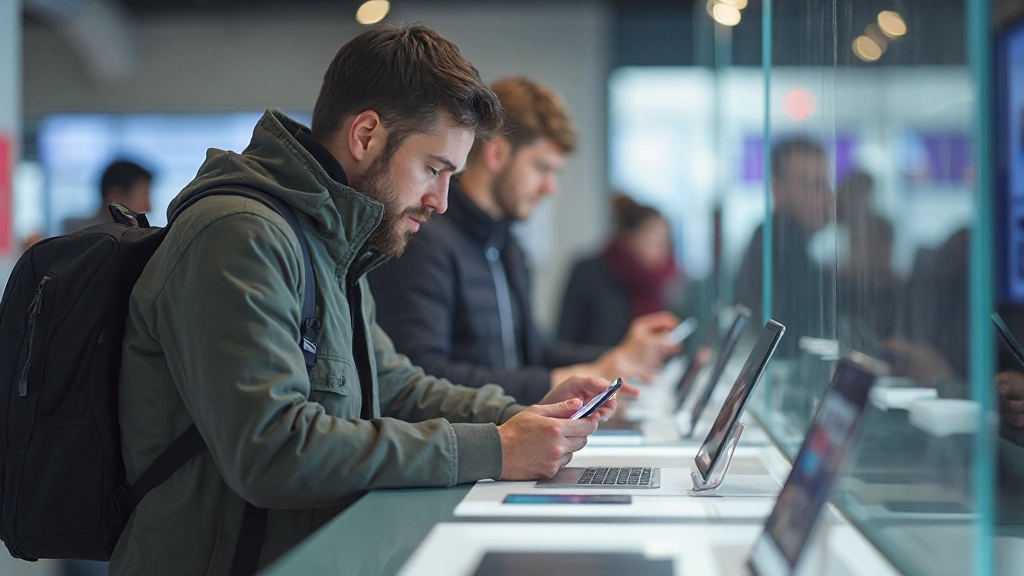 Профессиональное фото человека, тестирующего новую электронику в современном технологическом магазине