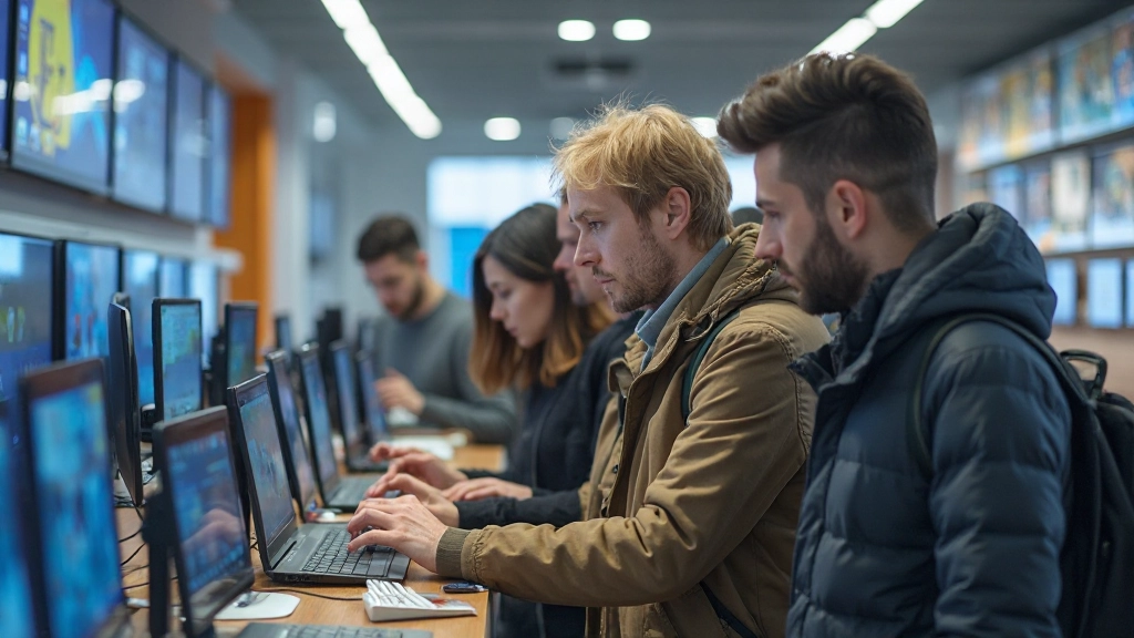 Современный магазин электроники с различными устройствами и потребителями, выбирающими гаджеты