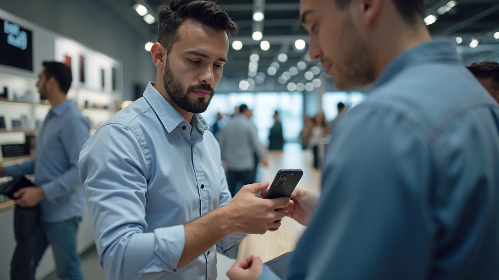 Фото электроники и мобильных телефонов в магазине, продавец консультирует покупателя