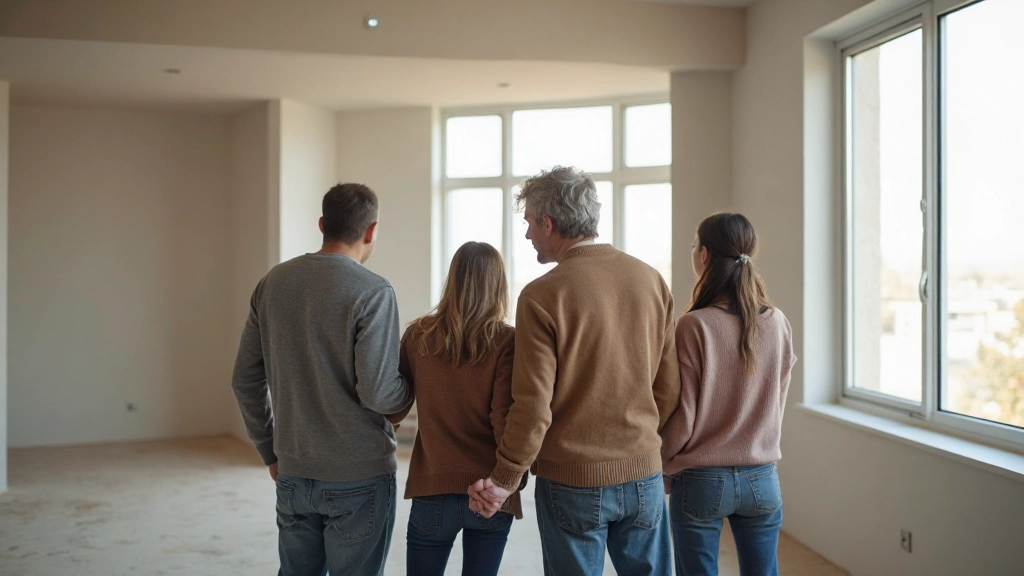 Профессиональное фото семьи в новой квартире, осматривающей помещение и планирующей ремонт в современной студии