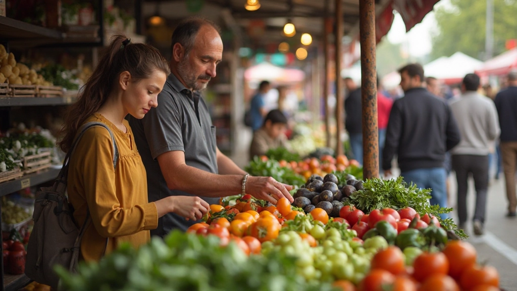 Семья выбирает продукты на рынке, анализируя цены и качество