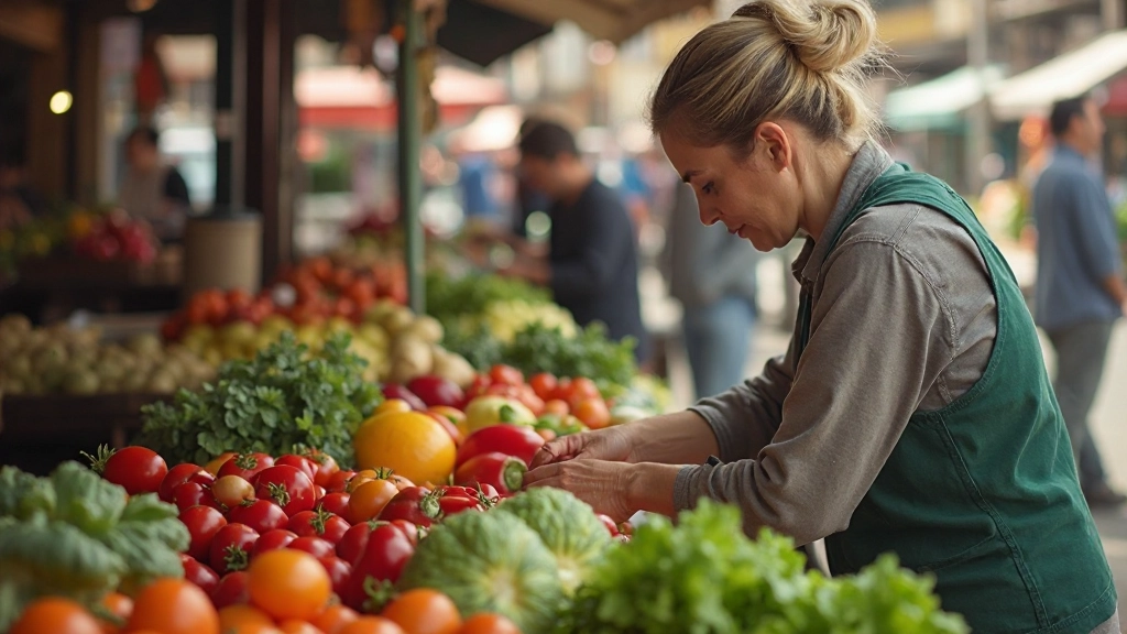 Продукты питания на рыночном прилавке с ценовыми табличками