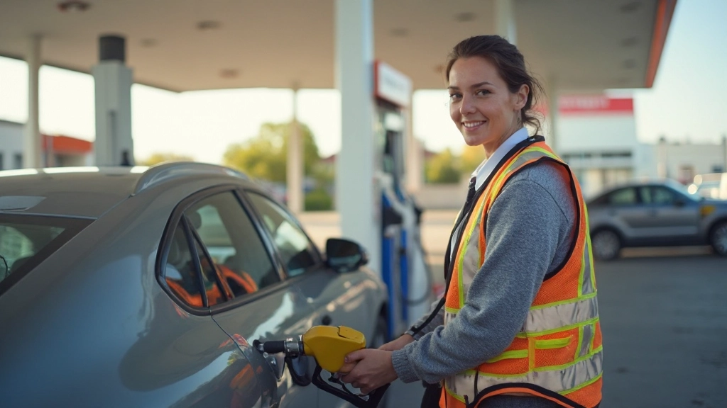 Профессиональное фото бензозаправки, оператор заправляет автомобиль, видны ценники на топливо