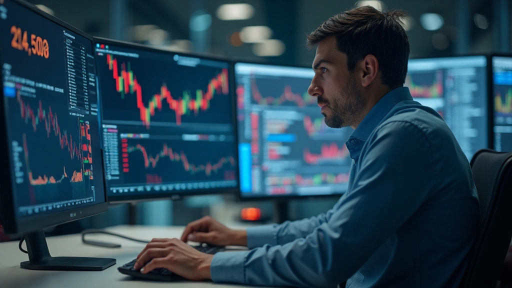 Профессиональное фото торговца нефтяными фьючерсами за монитором с графиками цен