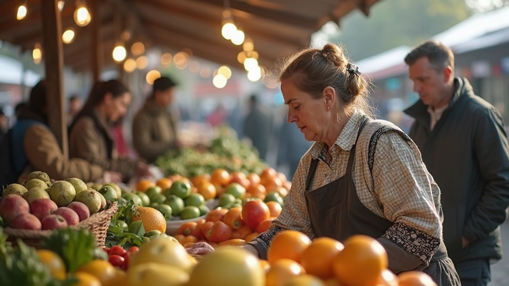 Профессиональное фото рынка с прилавками овощей и фруктов, покупатели выбирают товары