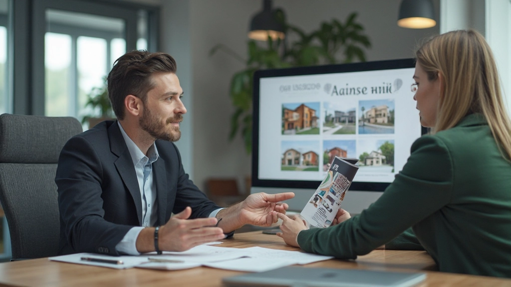 Фото современного офиса недвижимости с моделями домов, агент показывает каталог недвижимости