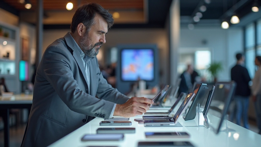 Профессиональный фотограф показывает различные модели смартфонов на современном дисплее